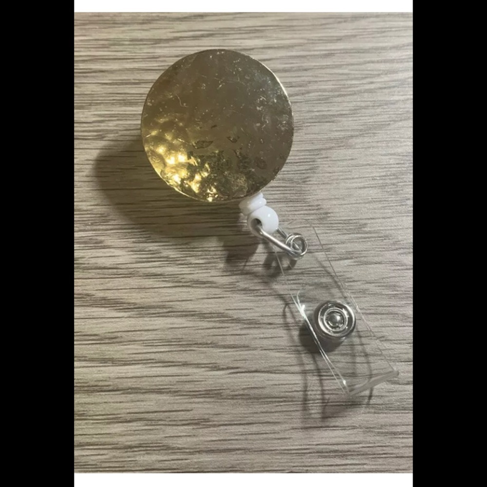 Repurposed Vintage Jewelry Retractable ID Clip, Gold Plated Disk, Alligator Clip